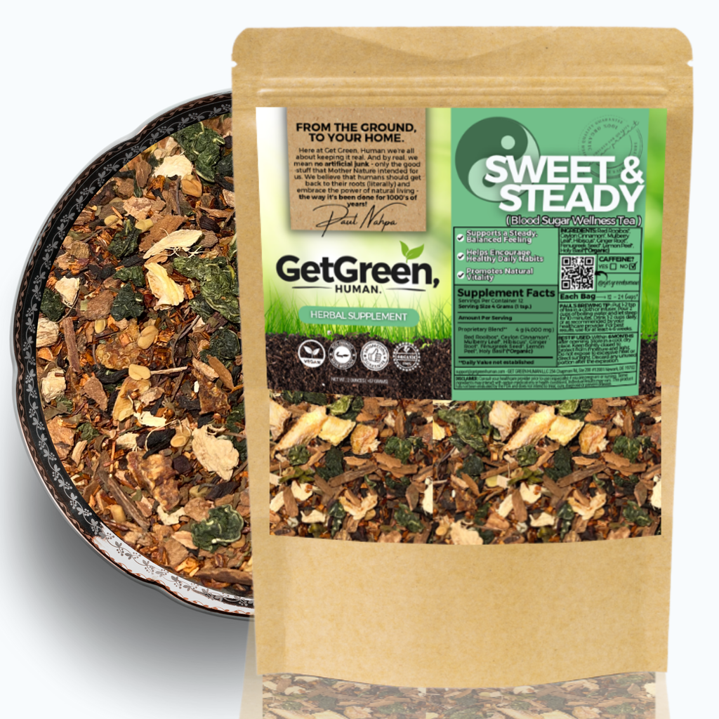 GetGreen Human supplement package with herbal mix and label on a white background