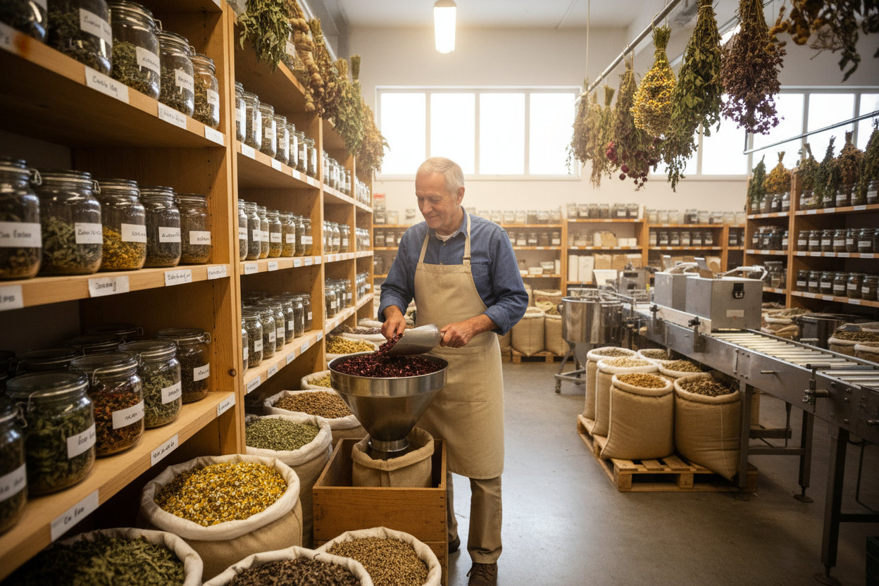 older man working in commercial warehouse with herbs making herbal teas 