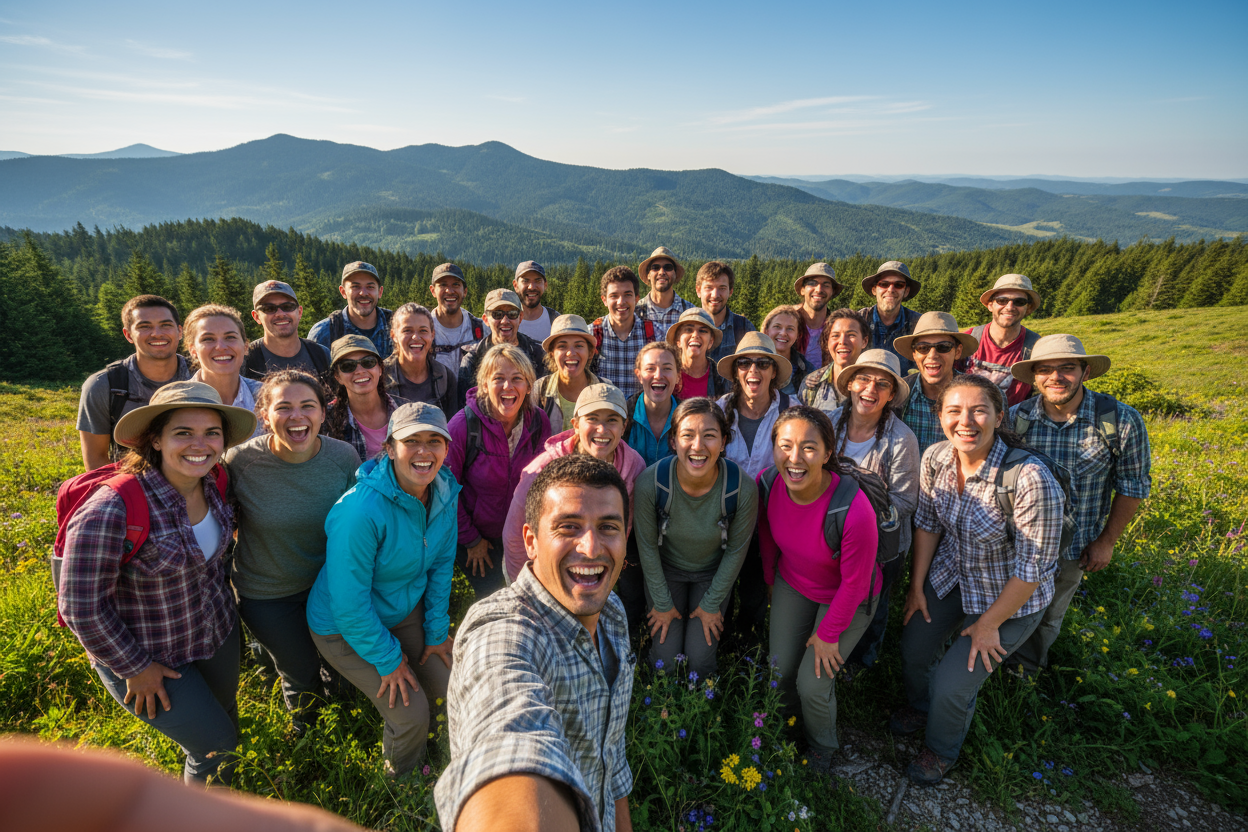 selfie of large group of people in nature